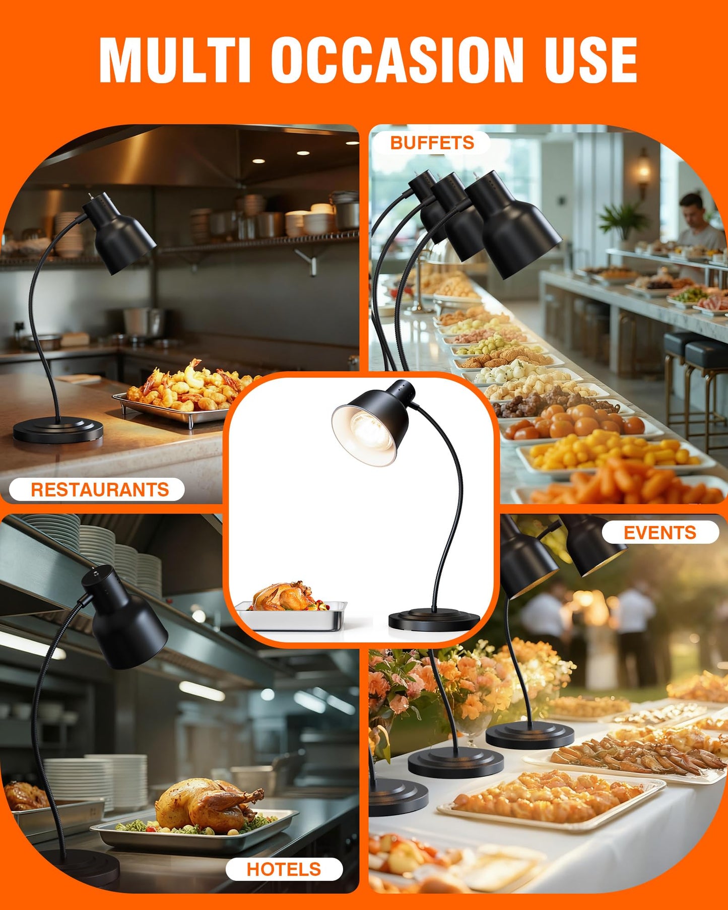 PYY Food Heat Lamp - 250W Steady Heating Commercial Food Warmer Lamp, 2 Bulbs Included, Heavy Base for Stability & Stainless Steel Build, 8.5 lbs Ideal for Catering, Restaurant, Buffet, (1-Head Black)