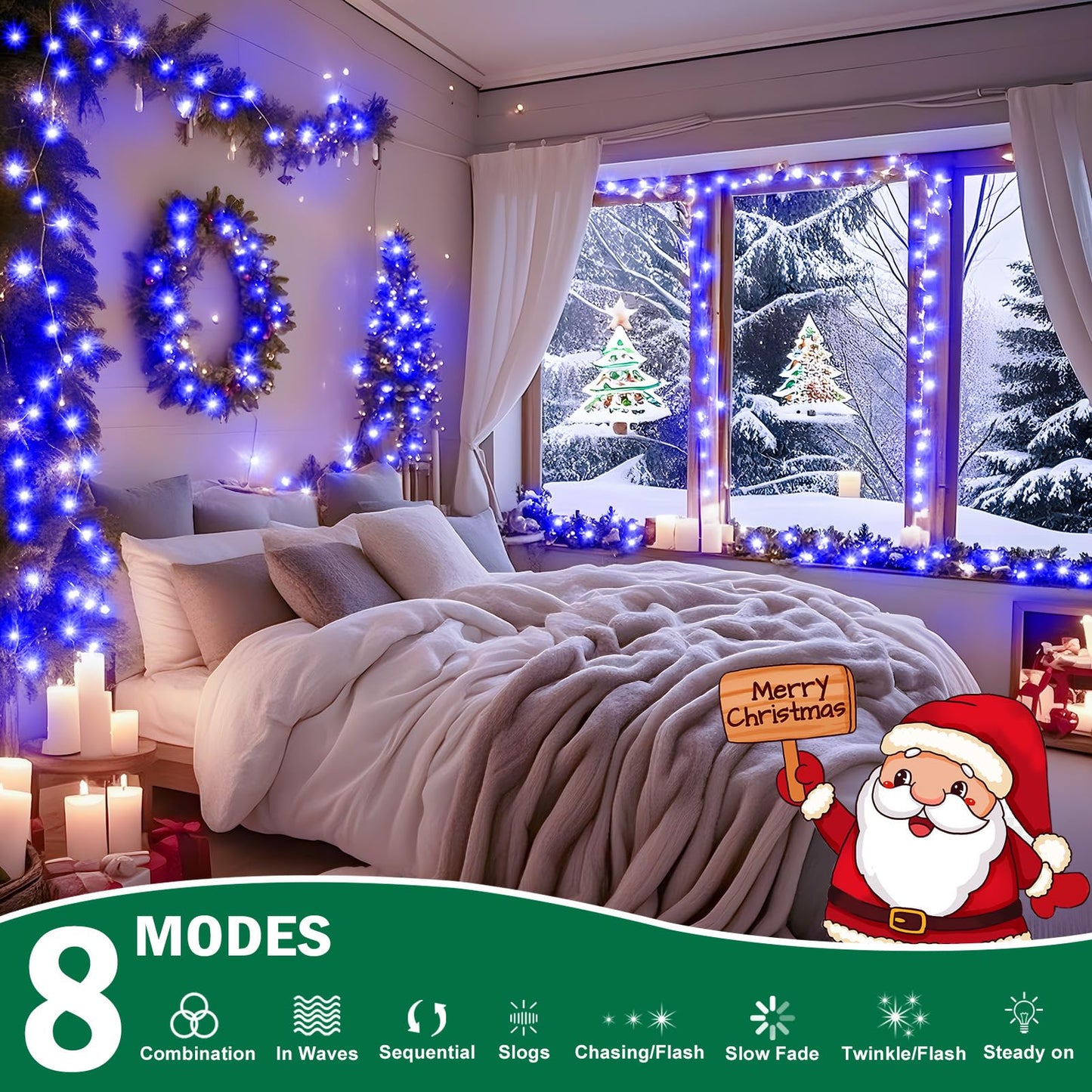 Sauirs 197Ft 500 Led Christmas Lights Outdoor String Lights With 8 Modes Timer Waterproof Fairy Light Plug In For Outside Indoor Party Xmas Palm Tree Yard Wedding Decorations(Blue)