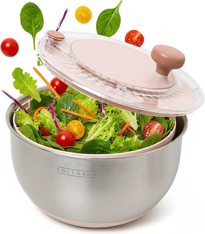 Salad Spinner Stainless Steel 5.3Qt | Lettuce Spinner BPA-Free with Stop Button, Drain Spout & Crank Handle | Fruit Cleaner | Vegetable Washer Salad Cleaner, Non-Slip Base Dishwasher Safe