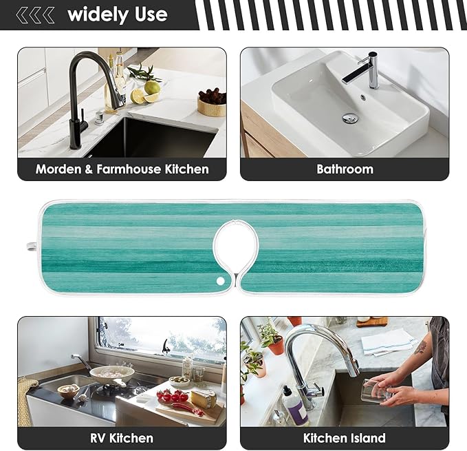 Kitchen Faucet Absorbent Mat,Teal Turquoise Green Wood Water Splash Guard for Sink, Faucet Drip Catcher Thicken Sponge Microfiber Faucet Water Catcher Mat Sink Absorbent Mat for Kitchen 30x5in 2 Pack
