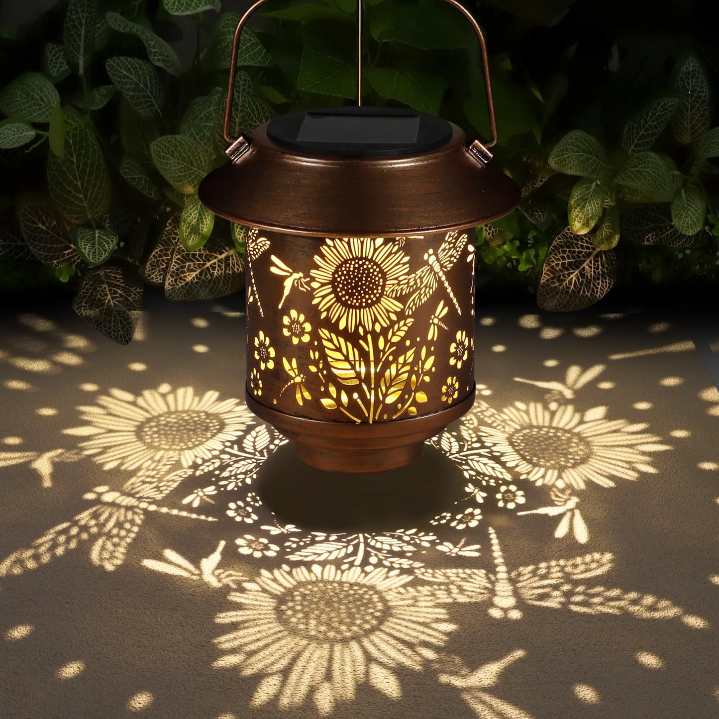 Solar Lantern Outdoor Hanging Sunflower Lights Gifts For Women Mom Metal Garden Decor Outside Waterproof Led Lanterns For Patio(Dragonfly + Sunflower)