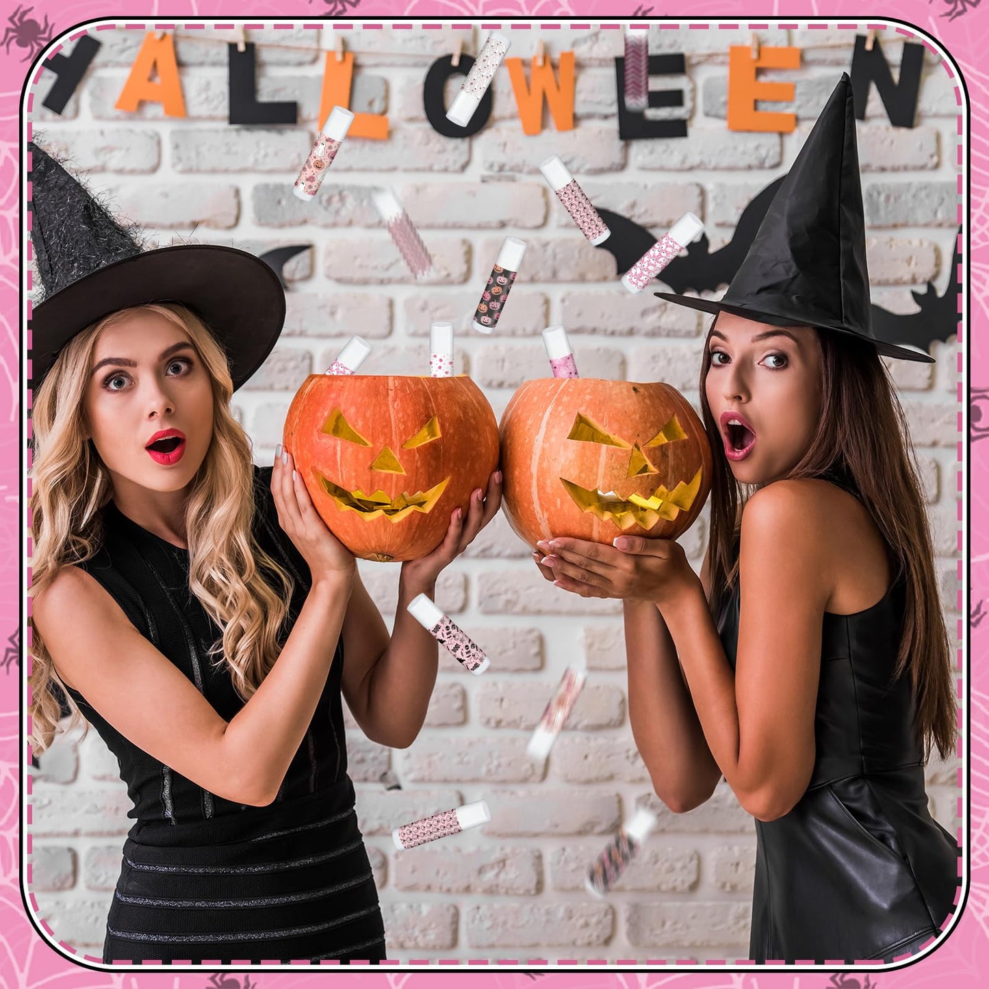 Siifert 50 Pcs Pink Halloween Lip Balm Gifts Bulk Cute Boo Ghost Lip Balm Favors Honey Flavor Spooky Party Supplies Goodies Pink