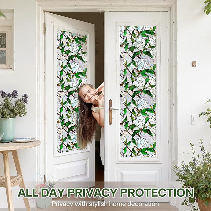 Stained Glass Window Film UV Resistant Window Privacy Film White Floral Privacy Rainbow Decals Living Room Bedroom Sun Blocking Decor Removable Static Cling Stickers 17 x 39.37 Inch