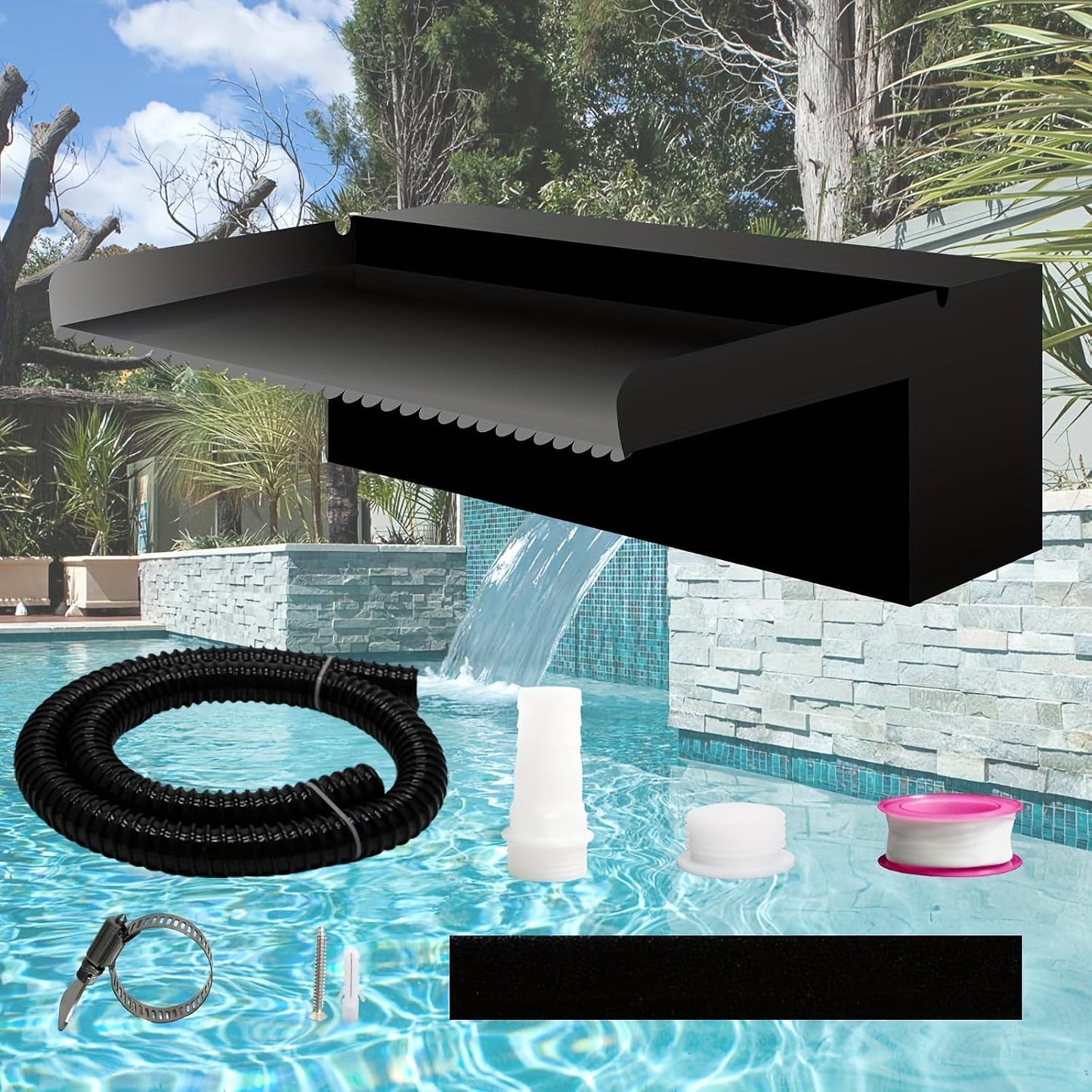 Pool Fountain Stainless Steel Pond Waterfall Spillway Kits for Indoor/Outdoor Decorative, 12 Inches Black Pool Water Feature for Garden Patio, Backyard Koi Pond Decor(No LED Light)