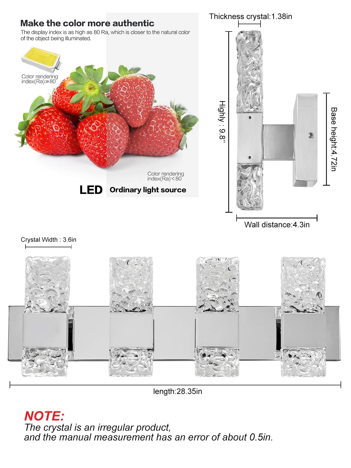 OYLYW LED Bathroom Vanity Light Fixture, Chrome Stainless Steel, 4 Lights, Model JQ1428-4TS, 28 Inch, Cool White 5800K