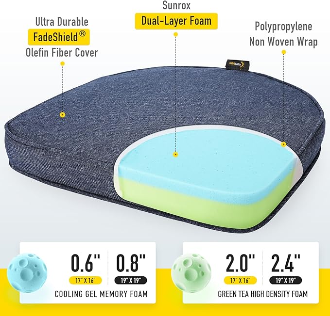 SUNROX Gel Memory Foam Chair Cushions, FadeShield Water-, Stain-Resistant Durable Reversible Seat Cushion Pads with Ties for Indoor/Outdoor Kitchen Dining Office, 19"x19", Set of 4, Heather Indigo
