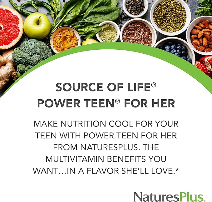Natures Plus Source of Life Power Teen for Her, Natural Berry - 60 Chewable Tablets, Pack of 2 - High Potency Multivitamin - Sugar Free, Vegan - 60 Total Servings