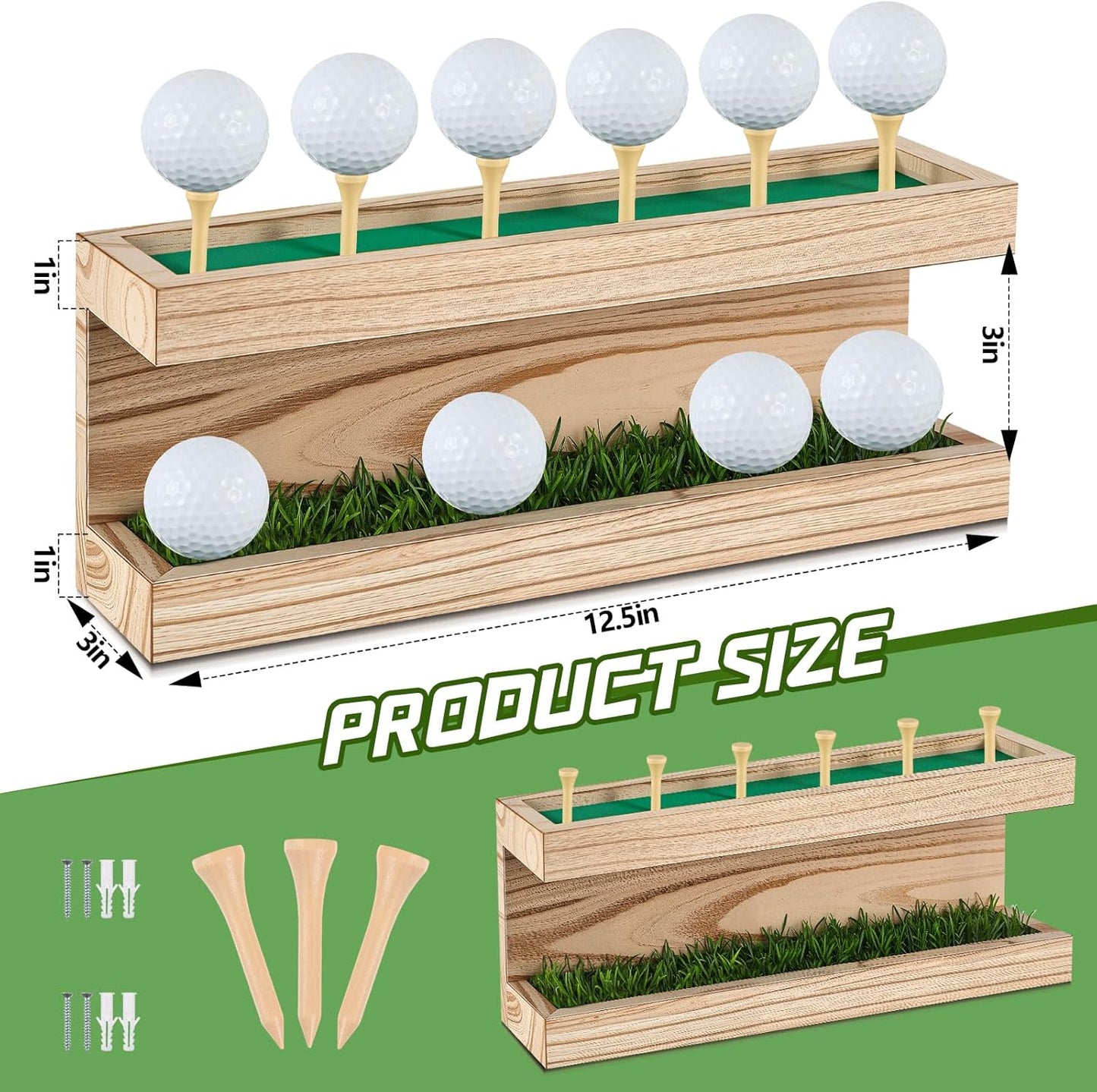 Menkxi Rustic Wood Golf Ball Holder 12.5 x 3 Inch Wall Mounted Vintage Display Stand Floating Shelf with Golf Tees for Christmas Storage Party Decor Supplies