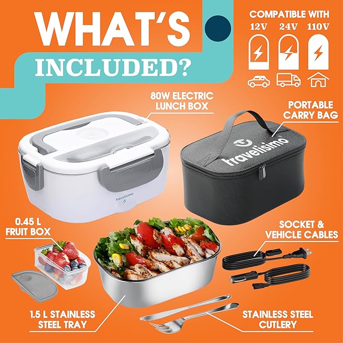 TRAVELISIMO Electric Lunch Box for Adults 80W Heated Lunch Box For Men 1.5L Stainless Steel Portable Food Warmer, 12/24/110V Electric Food Warmers for Travel & Work, Loncheras Para Hombres de Trabajo