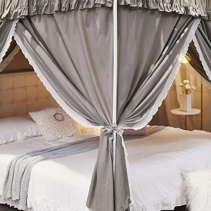 Ruffle Lace up 4 Corners Post Princess Curtain Bed Canopy Cozy Breathable Mosquito Net Cloth for Girls Adults Bedroom Decoration (Grey, 53" W*78" L*82" H/Full)