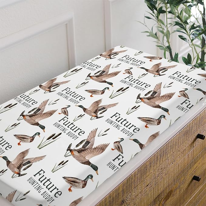 HawSkgFub Future Duck Hunting Buddy Changing Pad Cover for Baby Boy, Wild Mallard Hunter Diaper Change Table Covers, Soft Stretchy Breathable Safe Snug Fitted Changing Mat Sheets Fit 32"/34" x 16"