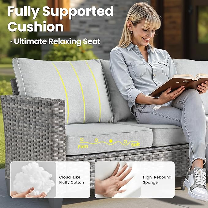 ovios 8 Pieces Patio Furniture Set with 54" Fire Pit Table, Outdoor Wicker Sofa with Comfy Cushions, All Weather High Back Rattan Couch Conversation Set, Grey