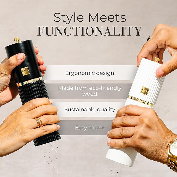 Styled Settings White and Black Salt and Pepper Grinder Set with Gold Accents – Set of Two Refillable Wooden Manual Grinders with Adjustable Ceramic Mills & Matching Wooden Stand - Ideal for Gifting