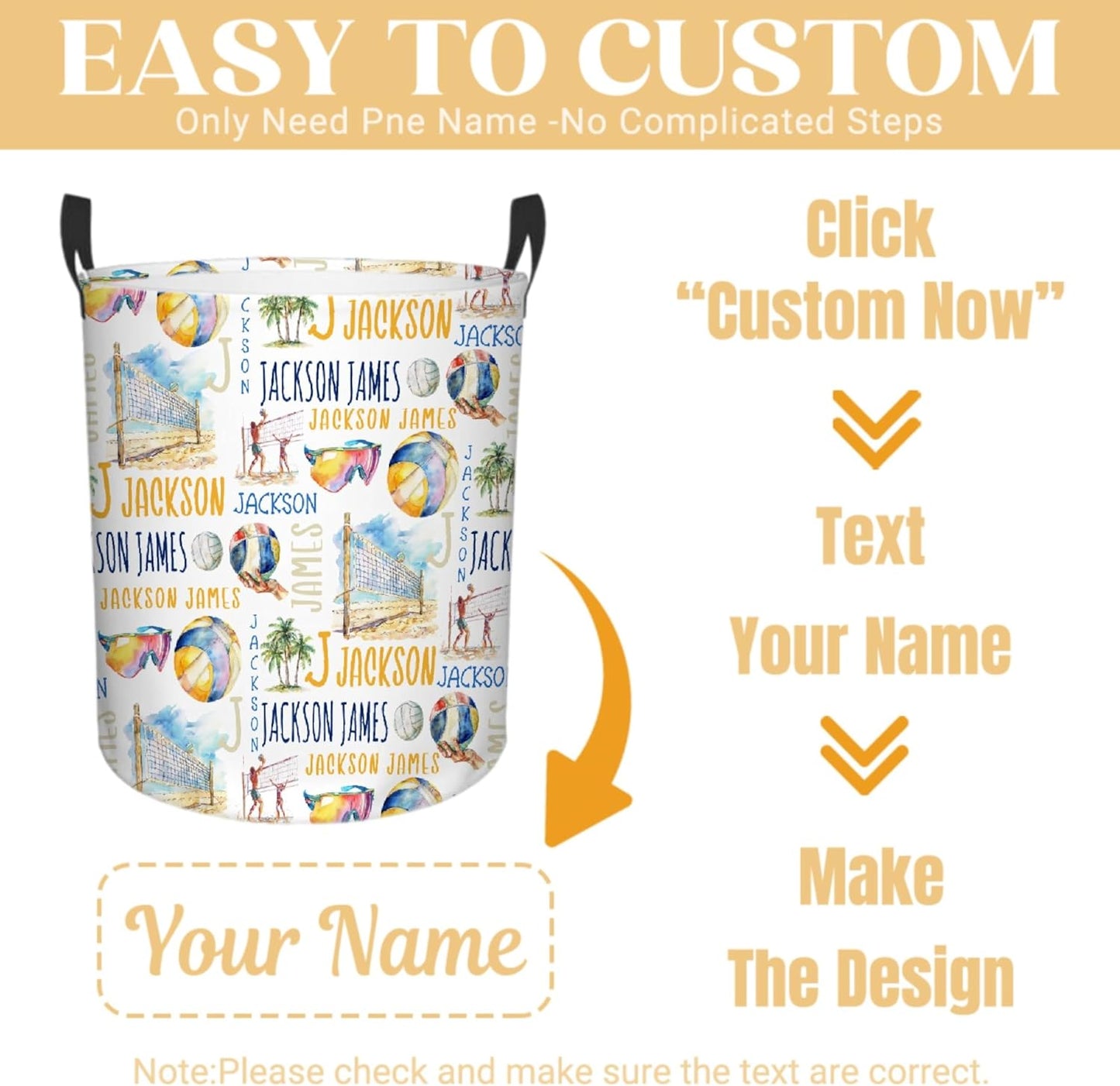 Personalized Volleyball Laundry Basket, Custom Sports Laundry Hamper With Name Gifts For Kids Baby Adults, Collapsible Dirty Clothes Storage Organizer With Handles S 16.5 X 13.8in
