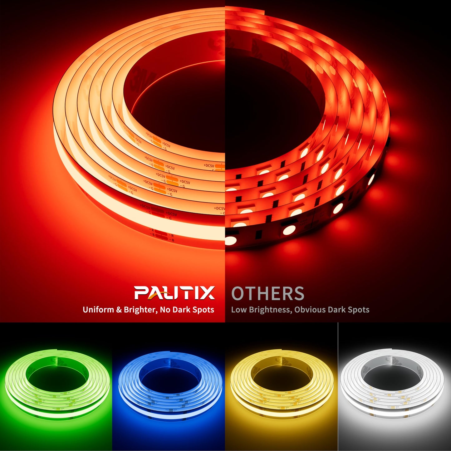 Pautix 5V Usb Cob Rgb Led Strip Light, 4.92Ft Multicolor Flexible Tape Lights For Home, Kitchen, Bedroom, Bluetooth Control, Model Cob-Usb-Rgb816F