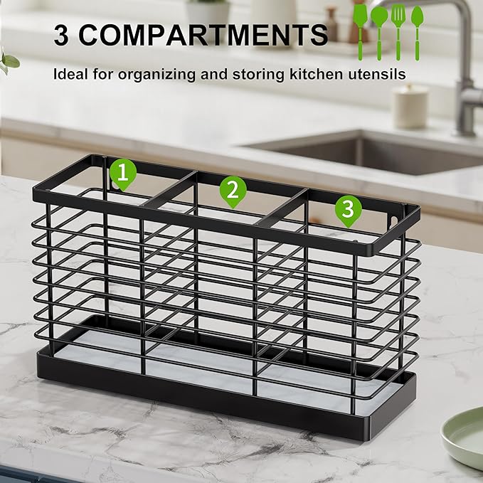 Utensil Holder for Kitchen Counter, Kitchen Utensil Holder for Countertop with Diatomaceous Earth Base, Large Cooking Utensil Organizer with 3 Compartments for Spatula Storage, Metal/ Black