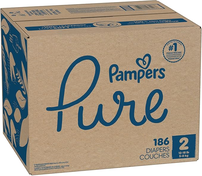 Pampers Pure Protection Baby Diapers, Size 2 (12-18 lbs), 186 Count, Up to 100% Leakproof, Premium Plant-Based Skin Protection, Hypoallergenic Soft Diapers