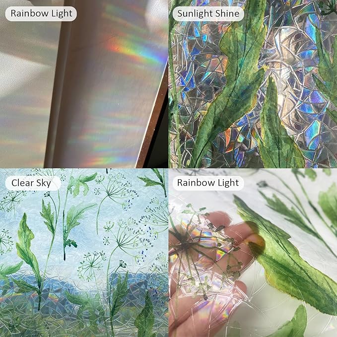 Rainbow Watercolor Green Leaves Window Film, Privacy Iridescent Static Cling Double-Sided Decals for Window Door Glass Decor, Wild Grass, 118.11" x 20.87"