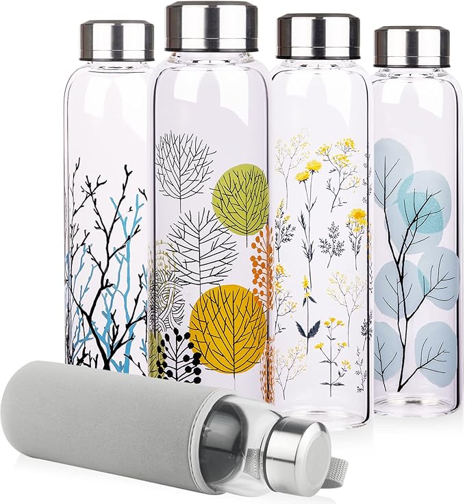 Borosilicate Glass Water Bottle, Sports Glass Drinking Bottle with Neoprene Sleeve and Stainless Steel Lid 16oz / 32oz (32oz, Forest)