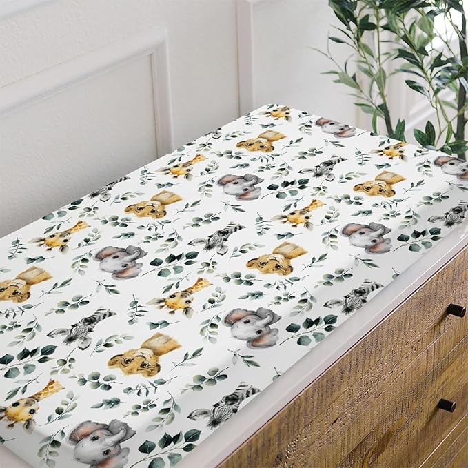 HawSkgFub African Safari Jungle Animals Eucalyptus Leaf Changing Pad Cover Baby Girls Boys, Giraffe Elephant Lion Zebra Diaper Change Table Sheet, Stretchy Safe Snug Fitted Changing Mat 32"/34" x 16"