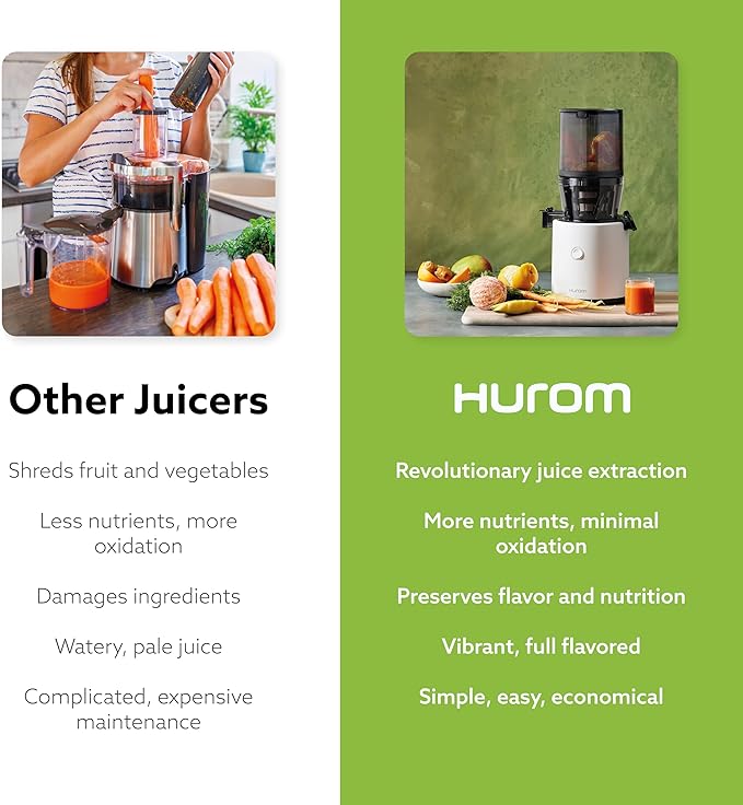 Hurom H320N Cold Press Juicer Machine, Easy to Clean Masticating Slow Juicer, Coarse Strainers, Self-Feeding, Hands Free, Family Size, Quiet Motor, Easy Assembly (White)