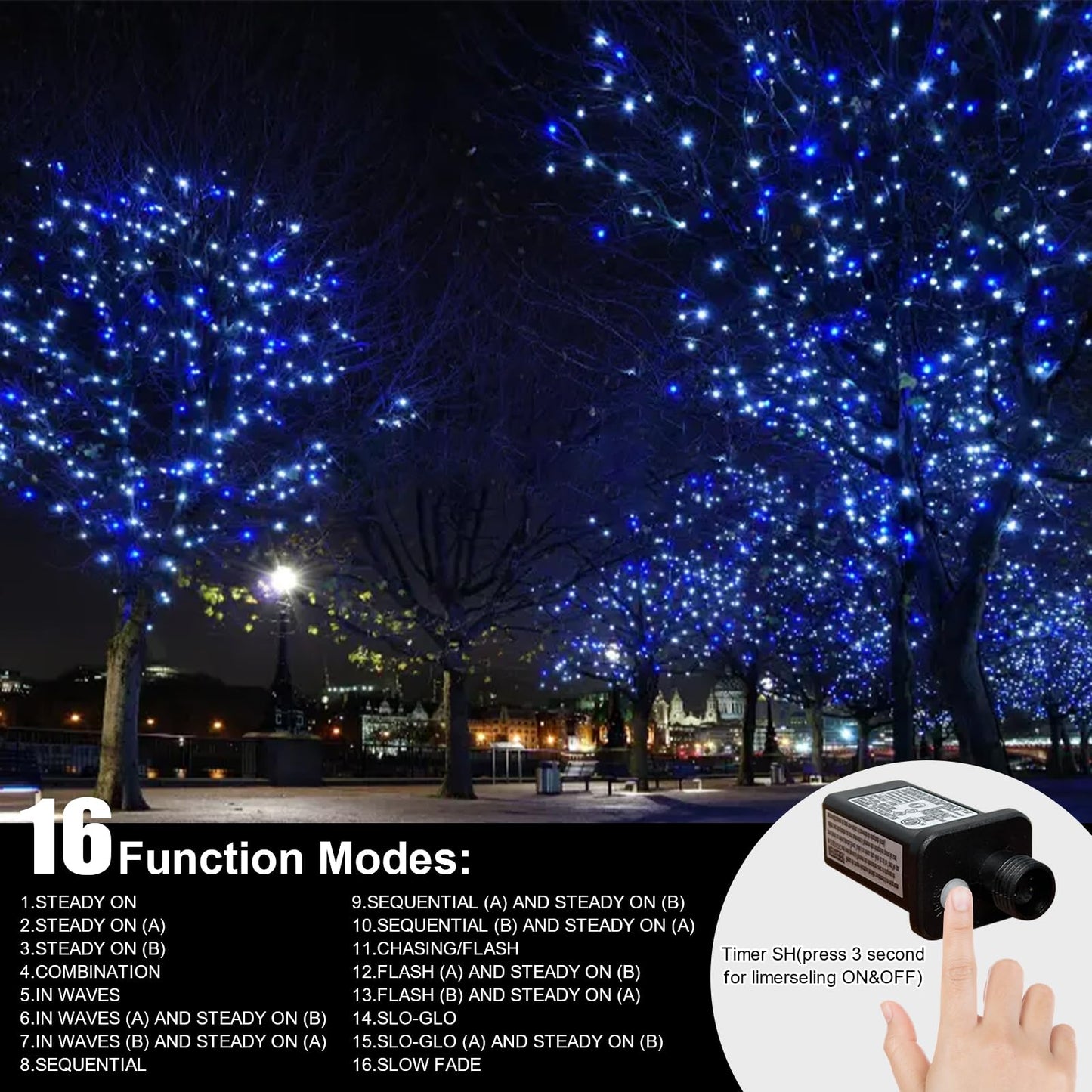 Lamphome 33Ft Christmas Decorative Mini Lights  100 Led Transparent Wire Fairy Starry String Lights Plug In  16 Lighting Modes For Outdoor Xmas Tree Wedding Party Decoration (White+Blue)