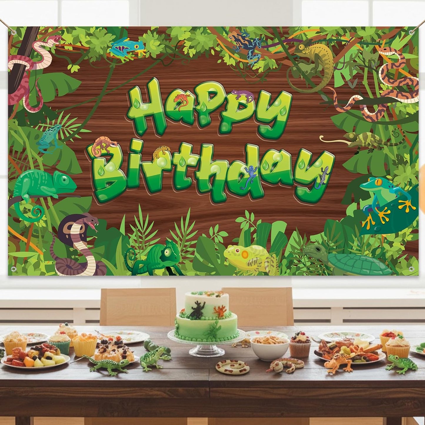 Reptile Jungle Birthday Banner Backdrop - Vinyl Photo Background with Snakes Frogs Chameleons Lizard, Reptile Theme Birthday Party Decorations for Kids Boys Girls