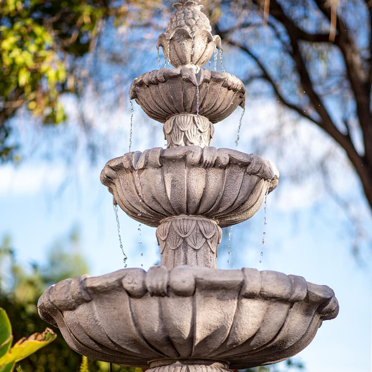 58.3" Leaf Water Fountain, 3-Tier, Outdoor, Gray Resin, Pump
