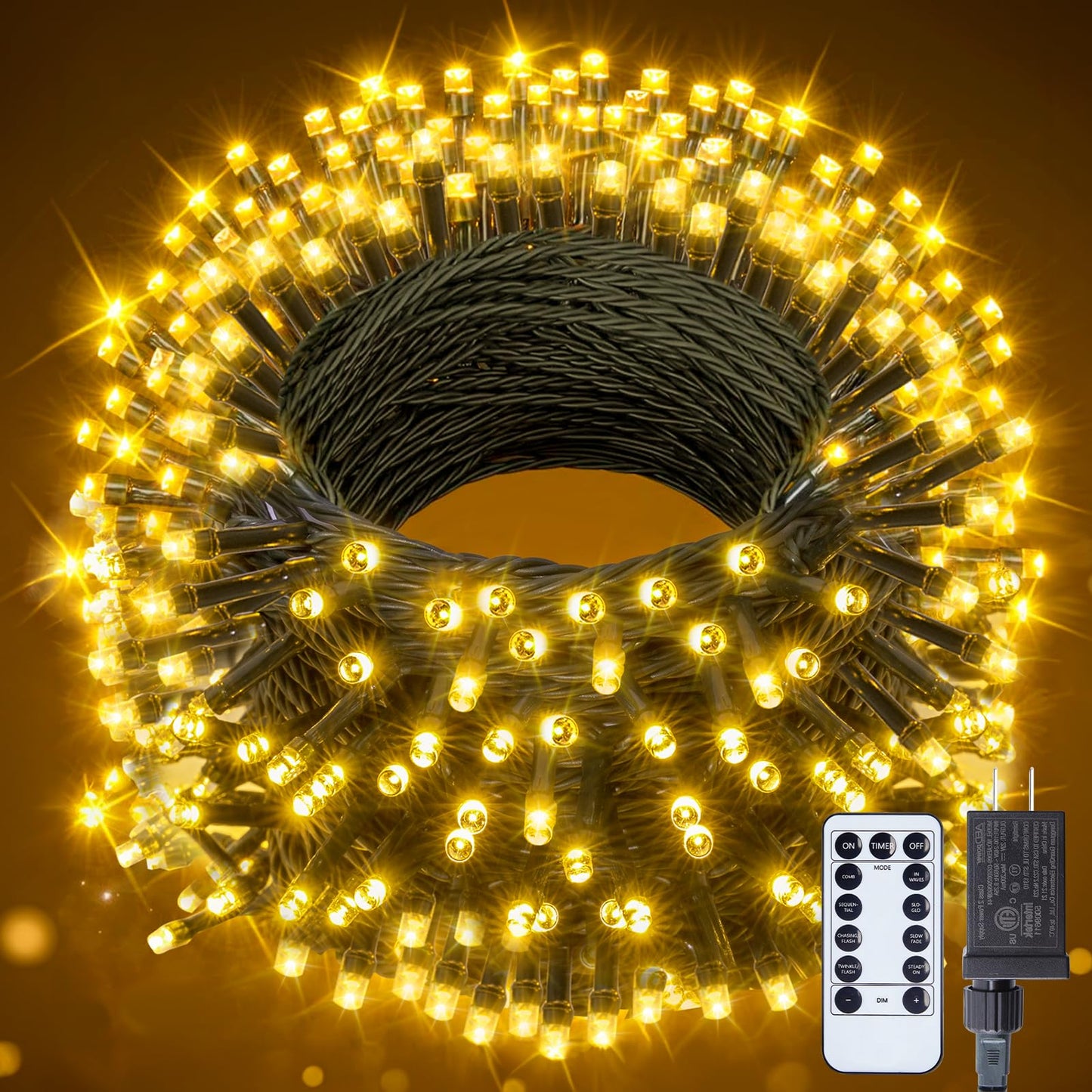 Minetom 66FT 200 LED Christmas Tree Lights, Warm White Twinkle Fairy String Lights, 8 Flashing Modes, Green Wire