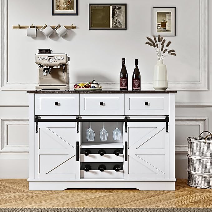 Farmhouse Bar Cabinet with Wine Rack 54" Coffee Buffet Cabinet with Sliding Barn Doors, Adjustable Shelves Rustic Kitchen Cabinets with 3 Drawers for Dining Room, Black with White