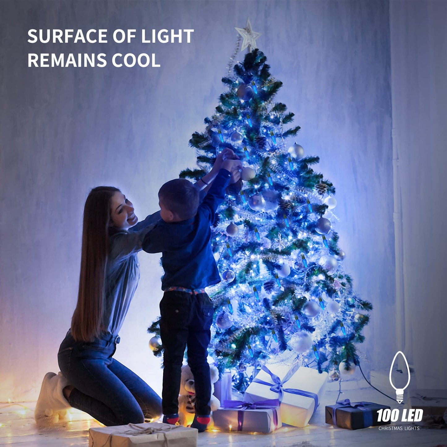 WATERGLIDE 33ft 100 LED Christmas Lights, Blue Faceted Fairy Lights with Green Wire, Waterproof for Indoor Outdoor Decor