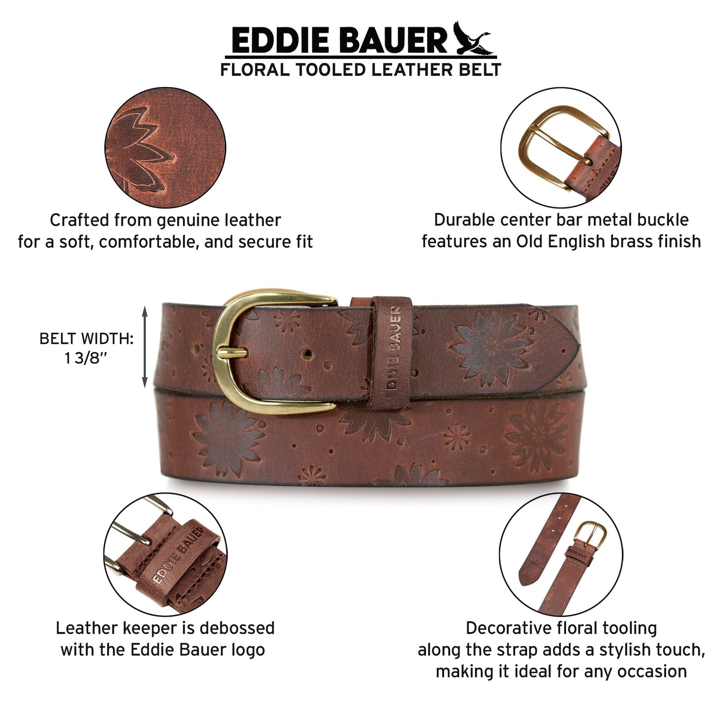 Eddie Bauer Women's Casual Leather Belts with Durable Metal Buckle, Floral Tooled - Brown, Small
