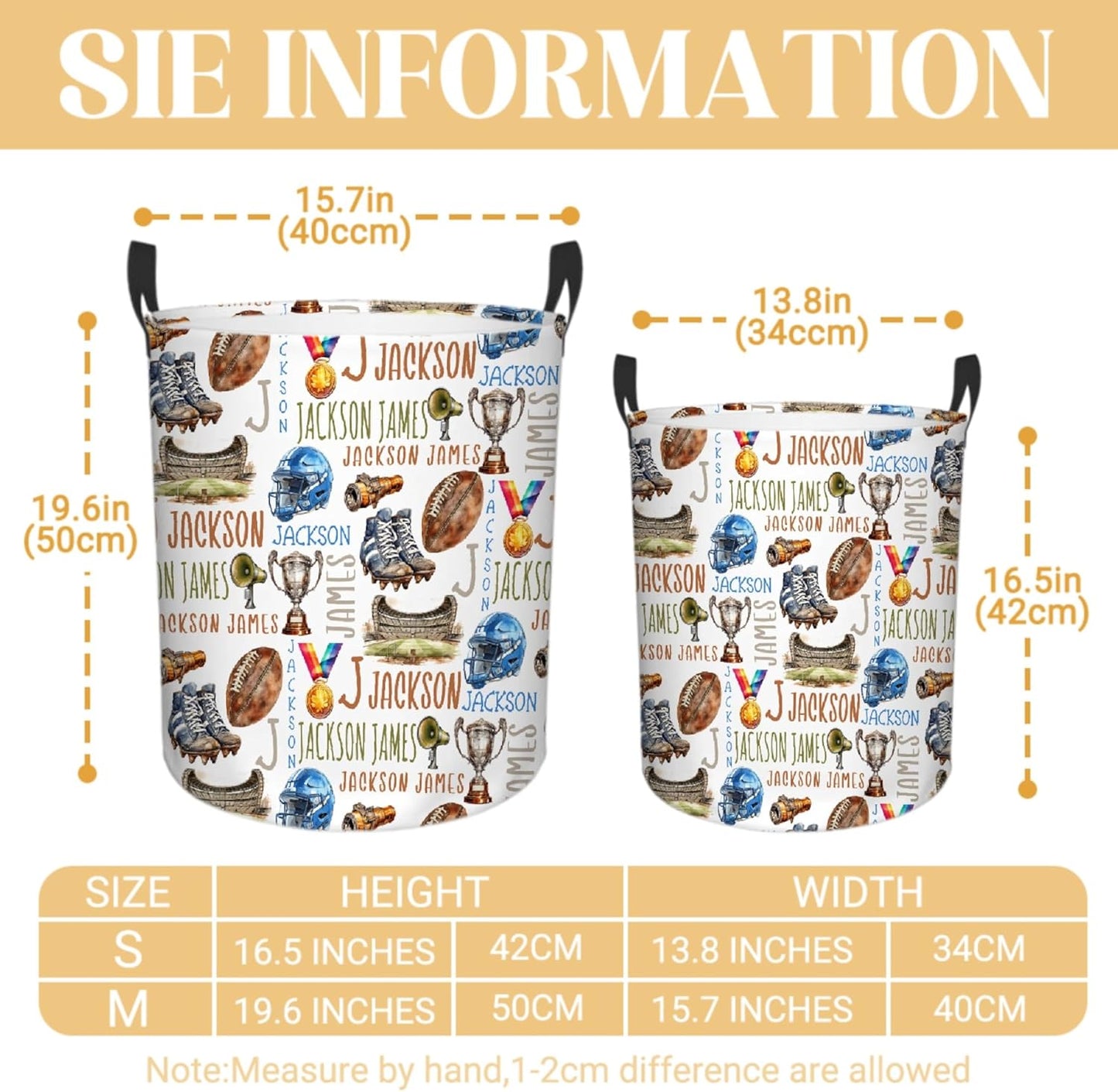 Personalized Football Laundry Basket, Custom Sports Laundry Hamper With Name Gifts For Kids Baby Adults, Collapsible Dirty Clothes Storage Organizer With Handles S 16.5 X 13.8in