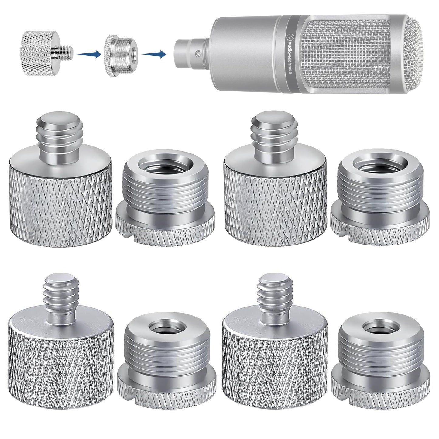 IXTECH Mic Stand Adapter Set - 8 Piece Metal Tripod Adapter Kit - 5/8 Female to 3/8 Male & 1/4 Female to 5/8 Male - ADP02A Silve