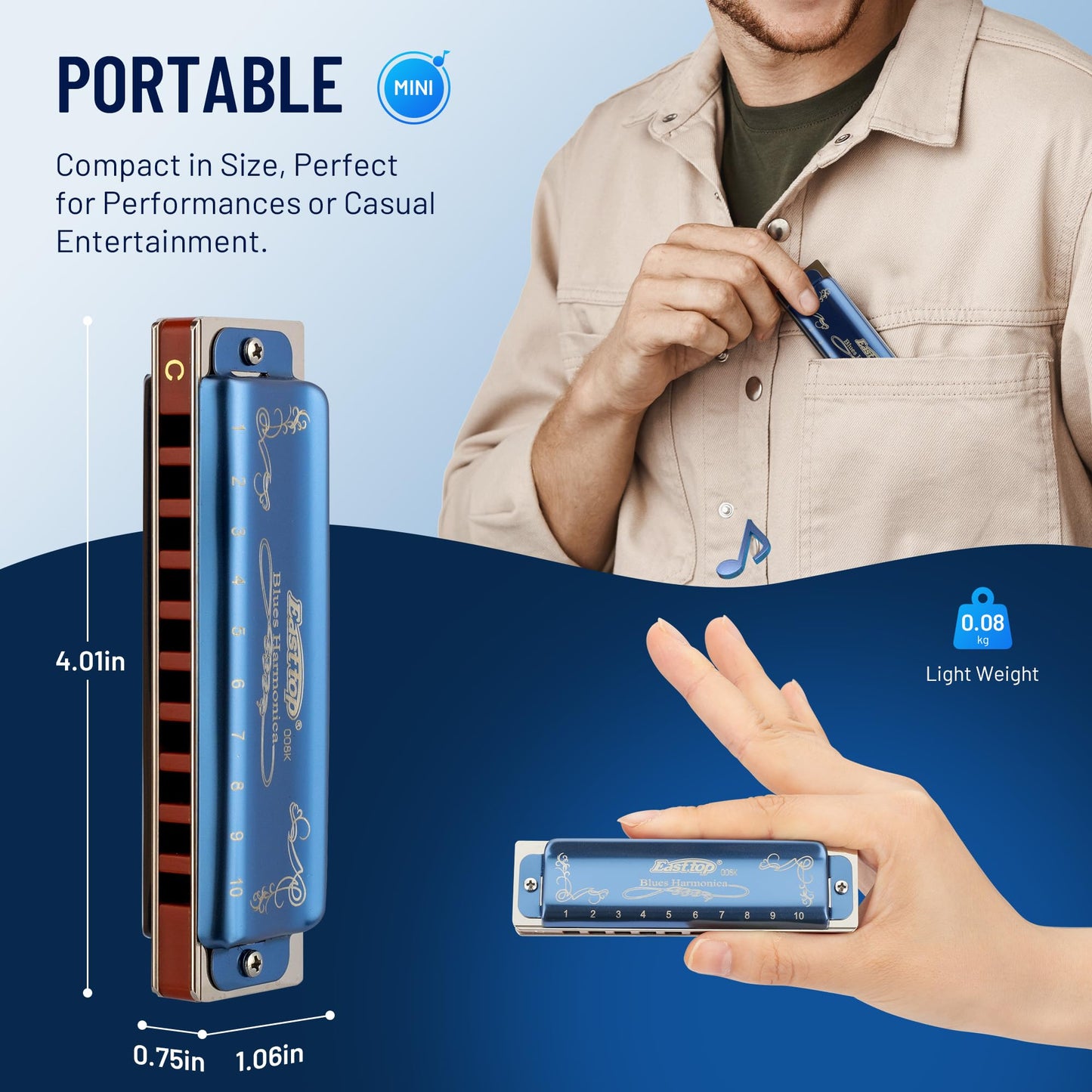 East Top Diatonic Harmonica Key Of Bb, 10 Holes 20 Tones 008K Diatonic Blues Harp Mouth Organ Harmonica With Blue Case, Standard
