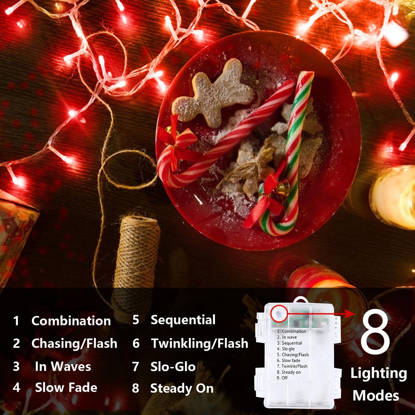 2 Pack Christmas String Lights Battery Operated With Timer  66Ft 200 Led Waterproof Twinkle Lights  8 Modes Fairy Light For Indoor And Outdoor Bedroom Garland Tree Christmas Decorations (Red)