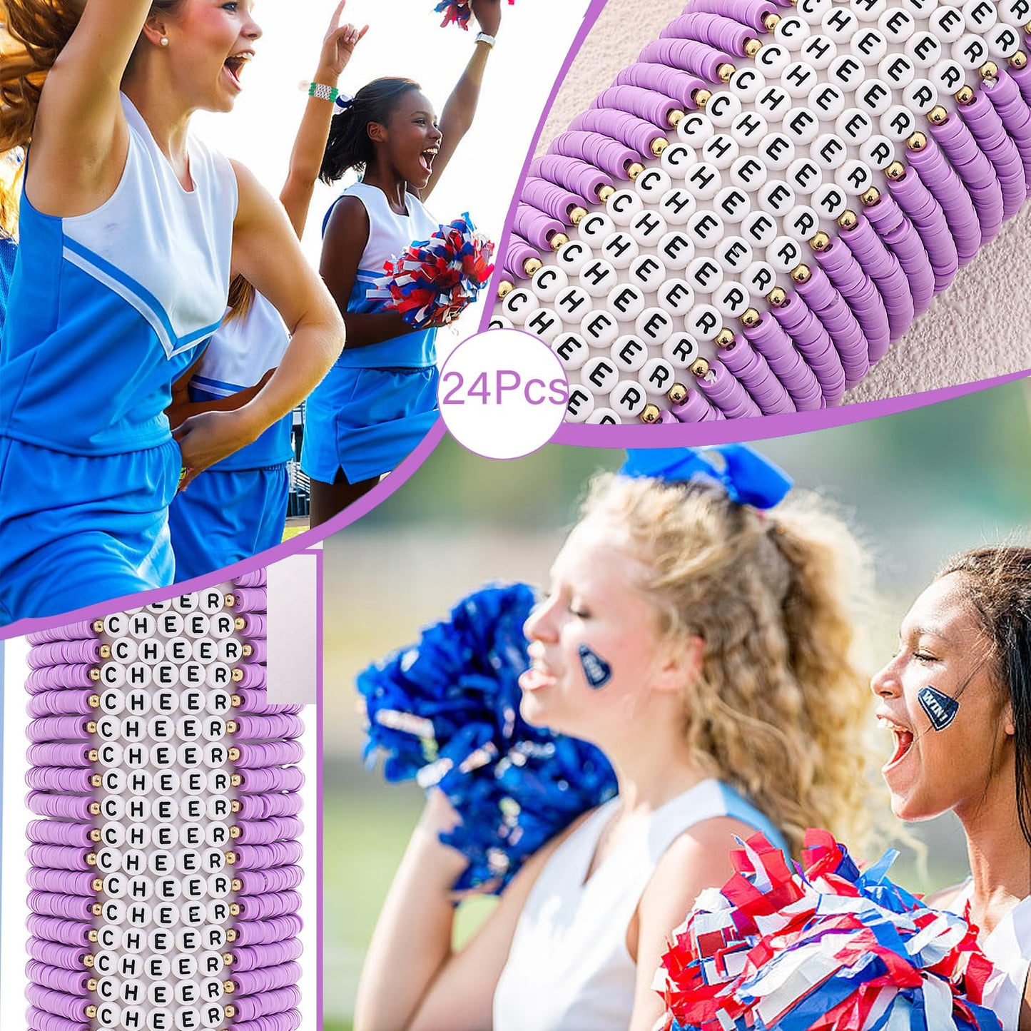 Cooluckday 24 Pcs Cheer Gifts Bulk for Team Cheer Bracelets Stackable Clay Y2k Friendship Bracelets(Purple)