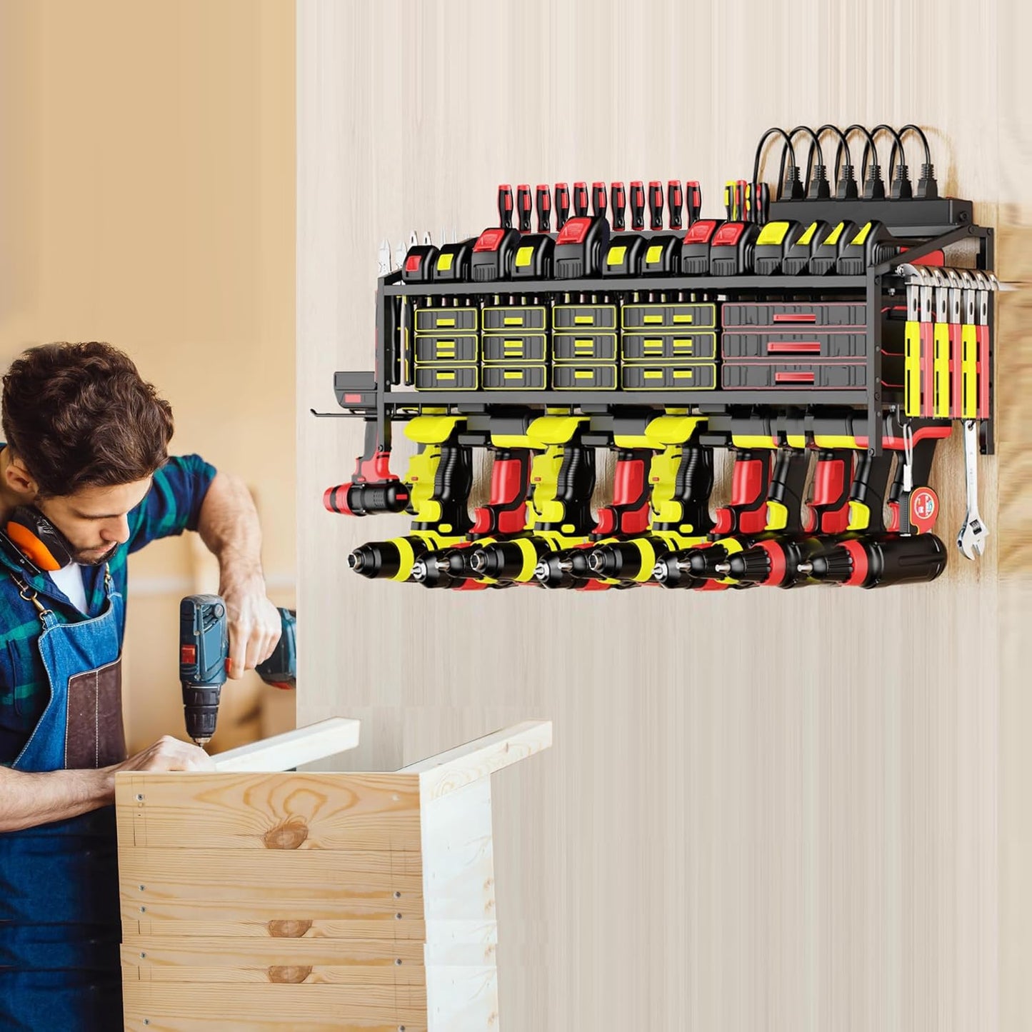Power Tool Organizer Wall Mount with Charging Station, 3 Layer Storage Rack and Tool Holder for Garage Organization, 8 Drill Holder Wall Mount and 6 Outlet Power Strip