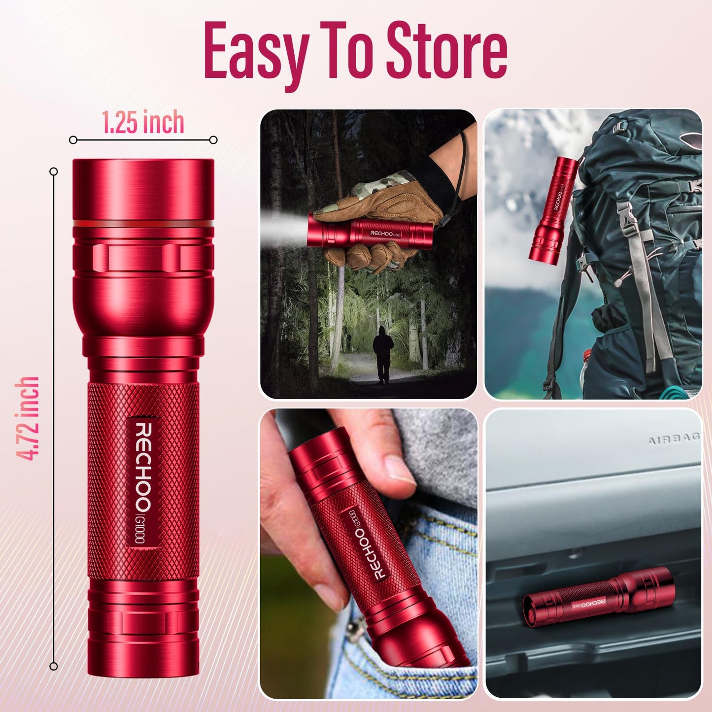 RECHOO G1000 Rechargeable Flashlights 2 Pack, Small LED Torch, 3 Lighting Modes, Aluminum, Red