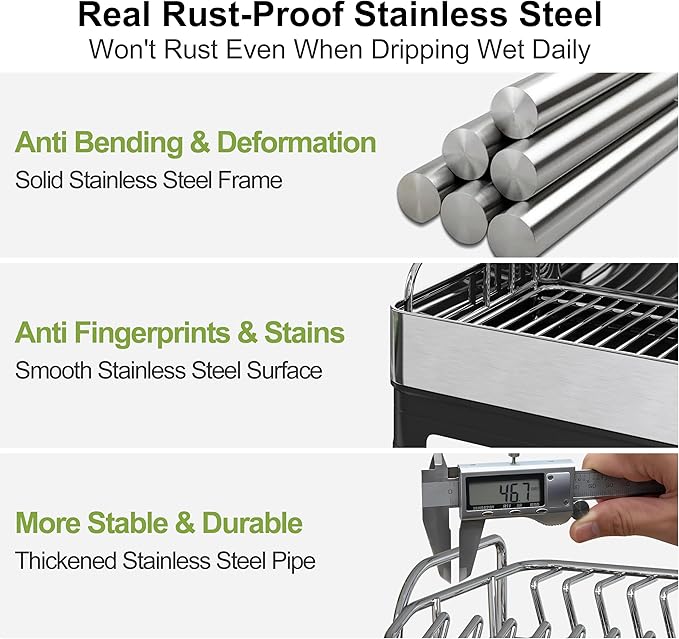 Extra Large Two Tier Stainless Steel Dish Drainer Drying Rack with Drainboard for Kitchen Counter, Modern Black and Silver, Rust Proof Metal, Space Saving Double Countertop Big Plates Dryer and Tray
