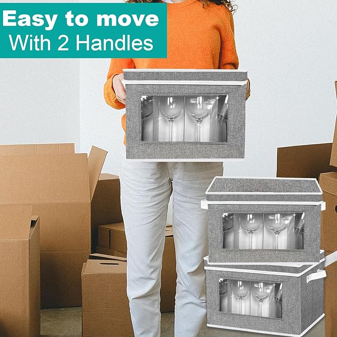 homyfort Wine Glass Stemware Storage Cases, China Storage Containers Box with Dividers Hard Shell for 12 Crystal Glassware,Goblets,Wine Glasses,Drinkware Packing & Moving (Grey)