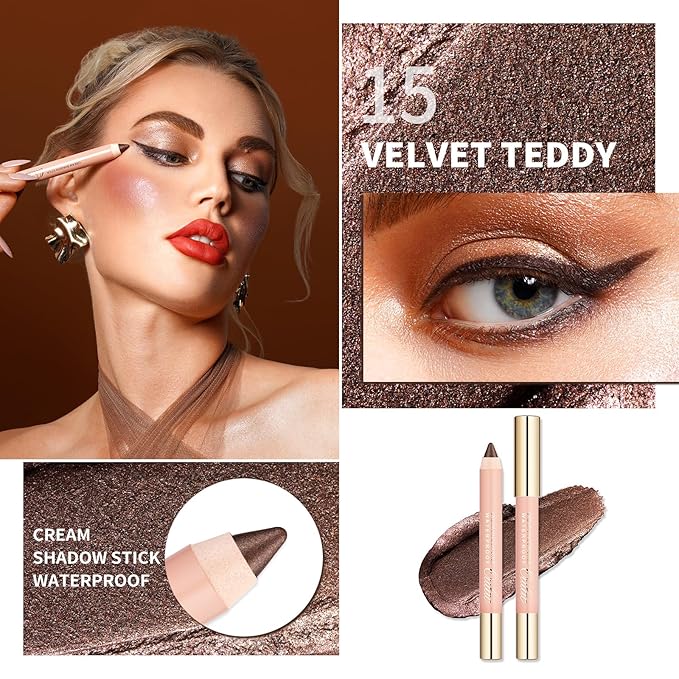 Oulac Glitter Brown Eyeshadow Stick - Waterproof & Long Lasting Eye Shadow Pencil, Shimmering Glitter Finish, Blendable Eyes Makeup, Vegan Beauty 3.8g, (15) Velvet Teddy