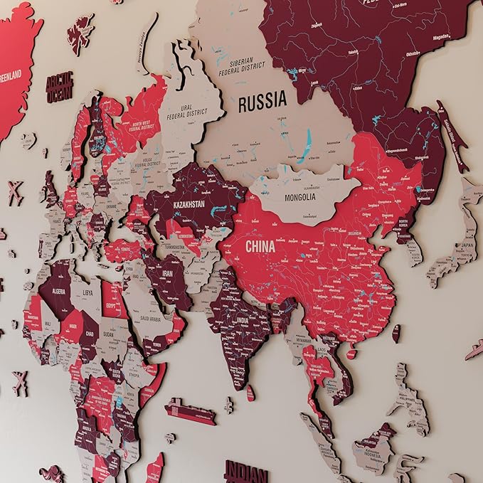 Colorfull Worlds 3D Wooden World Map Wall Art - Premium Multicolored World Travel Map for Wall Decor with Push Pins- Ideal Housewarming Gift & Travel Tracker (XXLarge, Crimson)