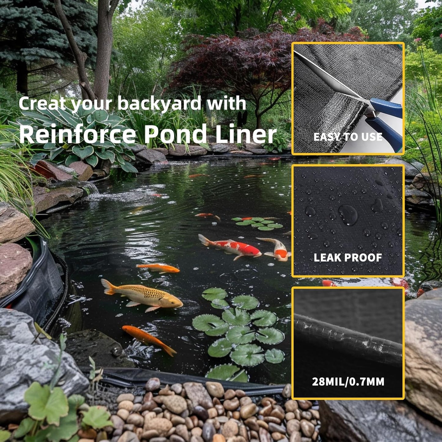 TEZONG Pond Liner,20x25Ft Pond Liners for Outdoor,28Mil PE Black Koi Fish Pond Liner,Reinforced Pond Underlayment for Water Garden,Waterfall,Fountain