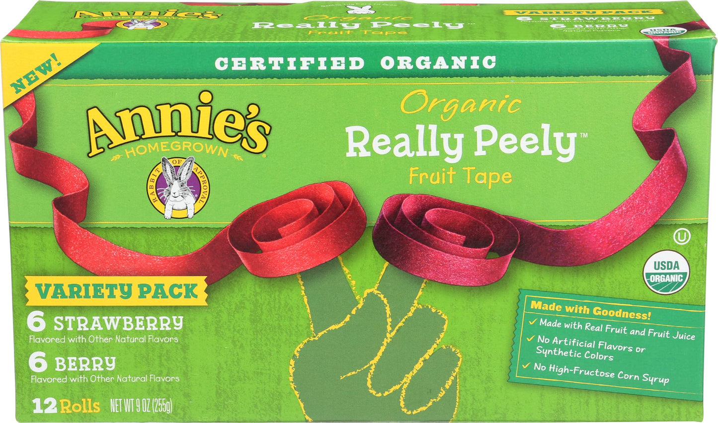 Annies Homegrown Organic Really Peely Fruit Tape Snack, Strawberry & Berry Flavor, Gluten Free & Non-GMO, Variety Pack, 12 Roll