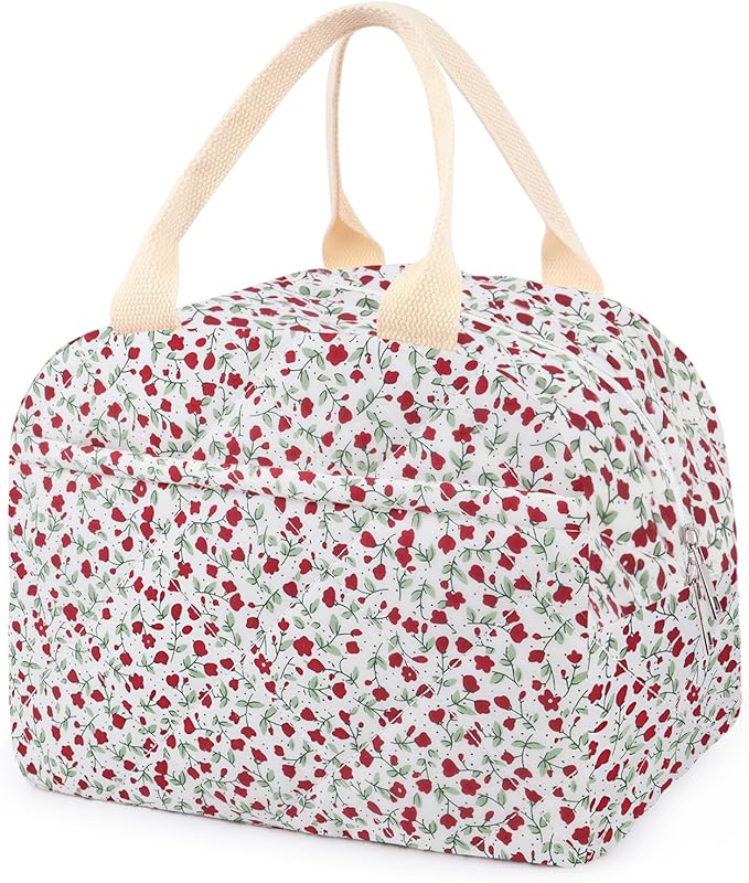 Cotton Quilted Insulated Lunch Bag, Cute Quilted Floral Lunch Tote Bags Reusable Insulated Lunch Box Coquette Aesthetic Large Capacity Insulated Cooler for Women Work Travel Picnic (Red Flower)