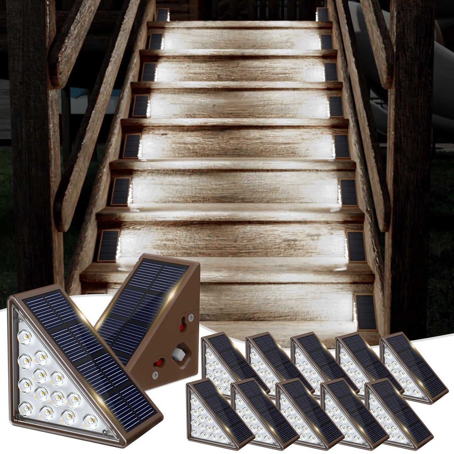 JOFIOS Solar Step Lights - Waterproof IP67, 12 Pack, Cool Brown, Deck & Staircase Lighting, Model 61174