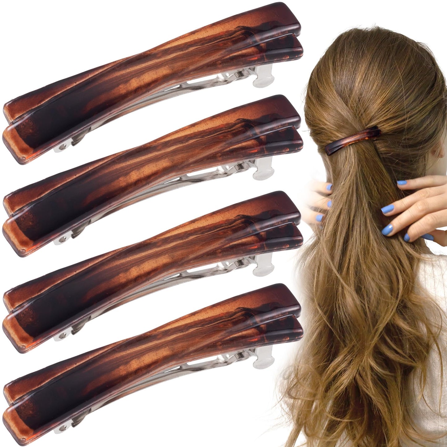 STSTR 4PCS French Barrette Hair Clips for Women, 2.56 Inch Small Tortoise Shell Hair Clip, Curved Glossy Thin Hair Flat Hair Acc