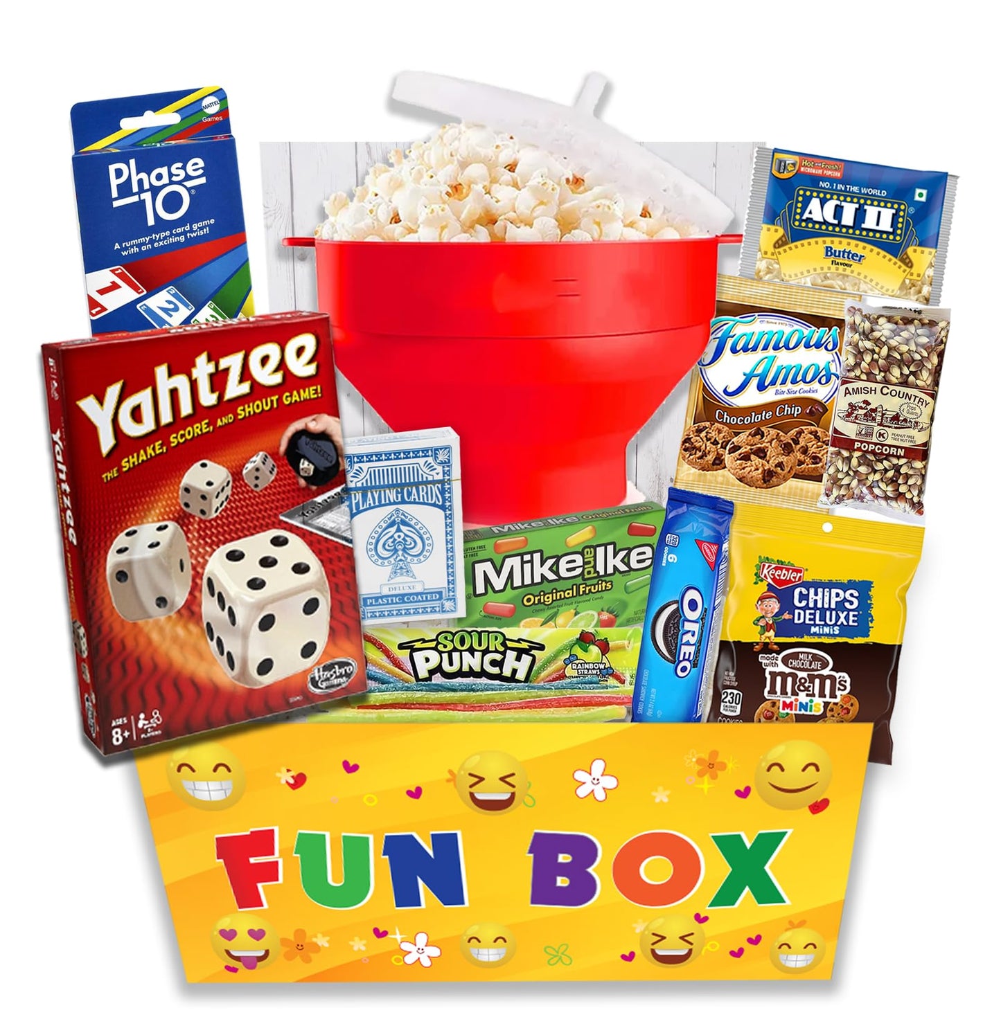 Family Game Night Gift Basket - Bundle of Card & Board Games, Popcorn Maker, Popcorn, Cookies, Savory Candies & Sweets - Fun Hou