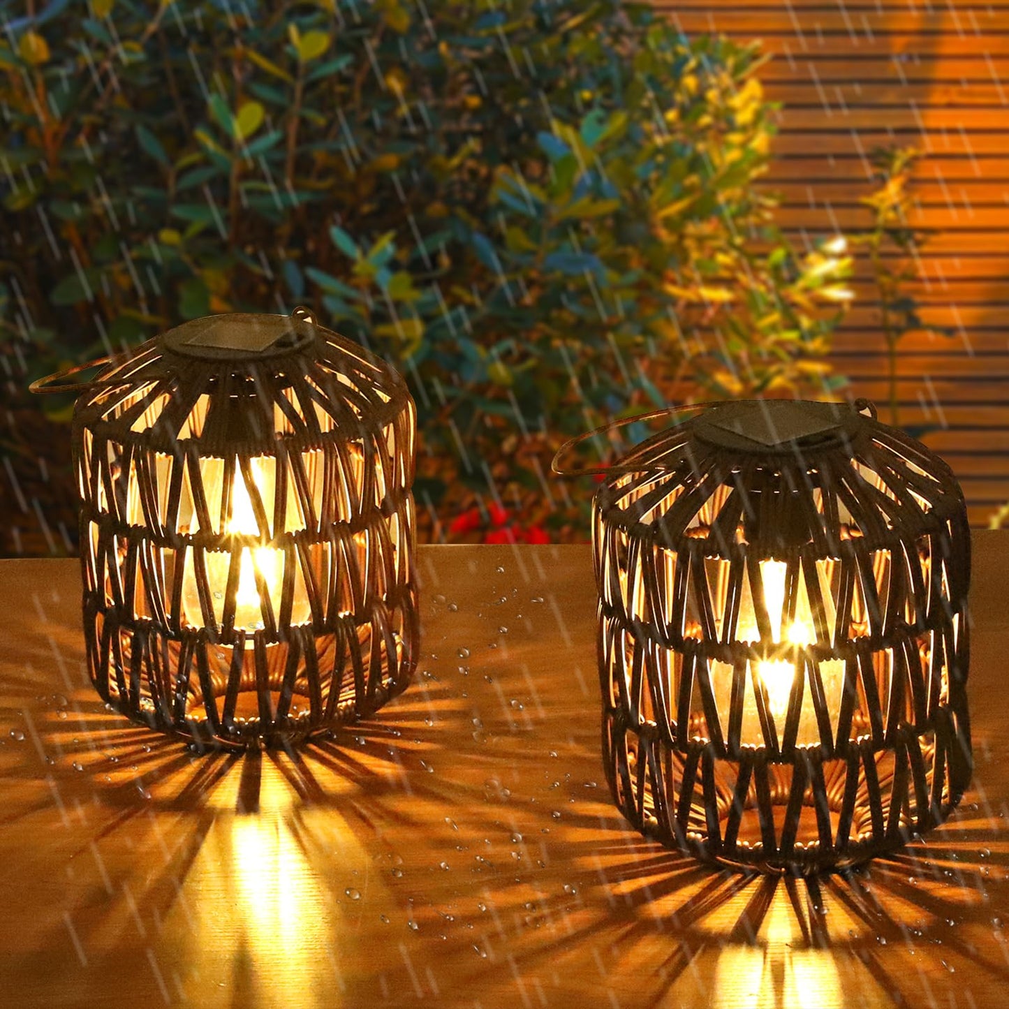 eyassi Rattan Outdoor Solar Lanterns, Waterproof Table Lamp, 2 Pack, Coffee, Plastic Rattan & Metal Frame, Model 250501A1